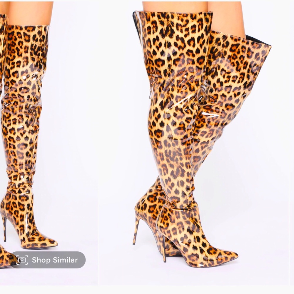 Patent Leopard Print Thigh High Boots